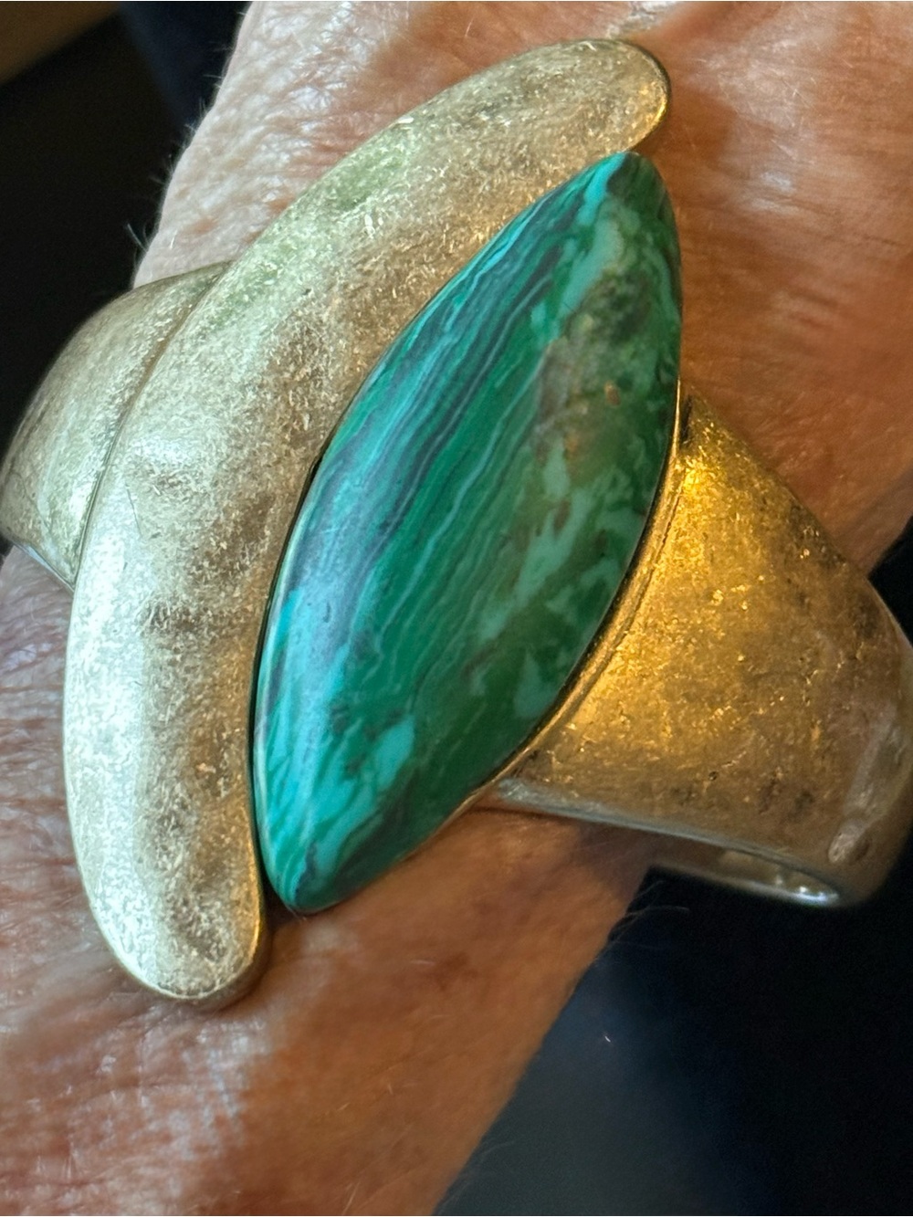 Silver Tone Ring with Green Marbled Stone